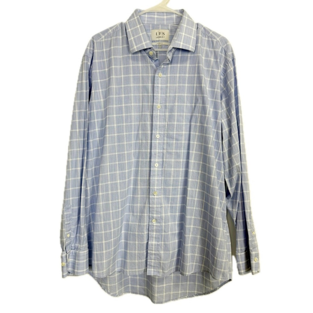 LFS Ledbury Button Up Shirt Mens 17.5 XL Blue Plaid Classic Fit Cotton Spandex